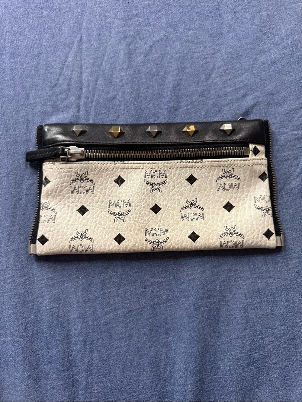MCM Black and White Logo Studded Leather Wristlet Clutch - Picture 2 of 3